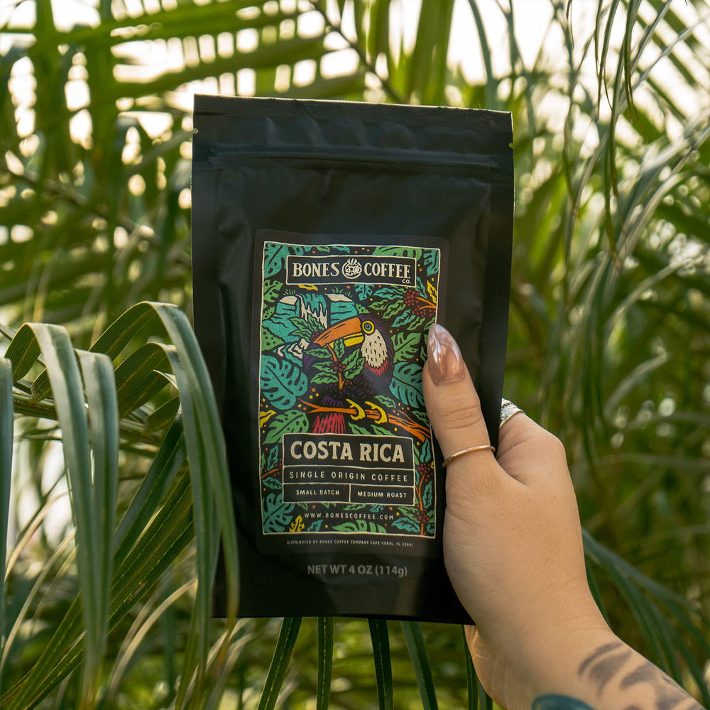 Bones Coffee Company Costa Rica beans brewed in pour‑over highlighting bright citrus clarity