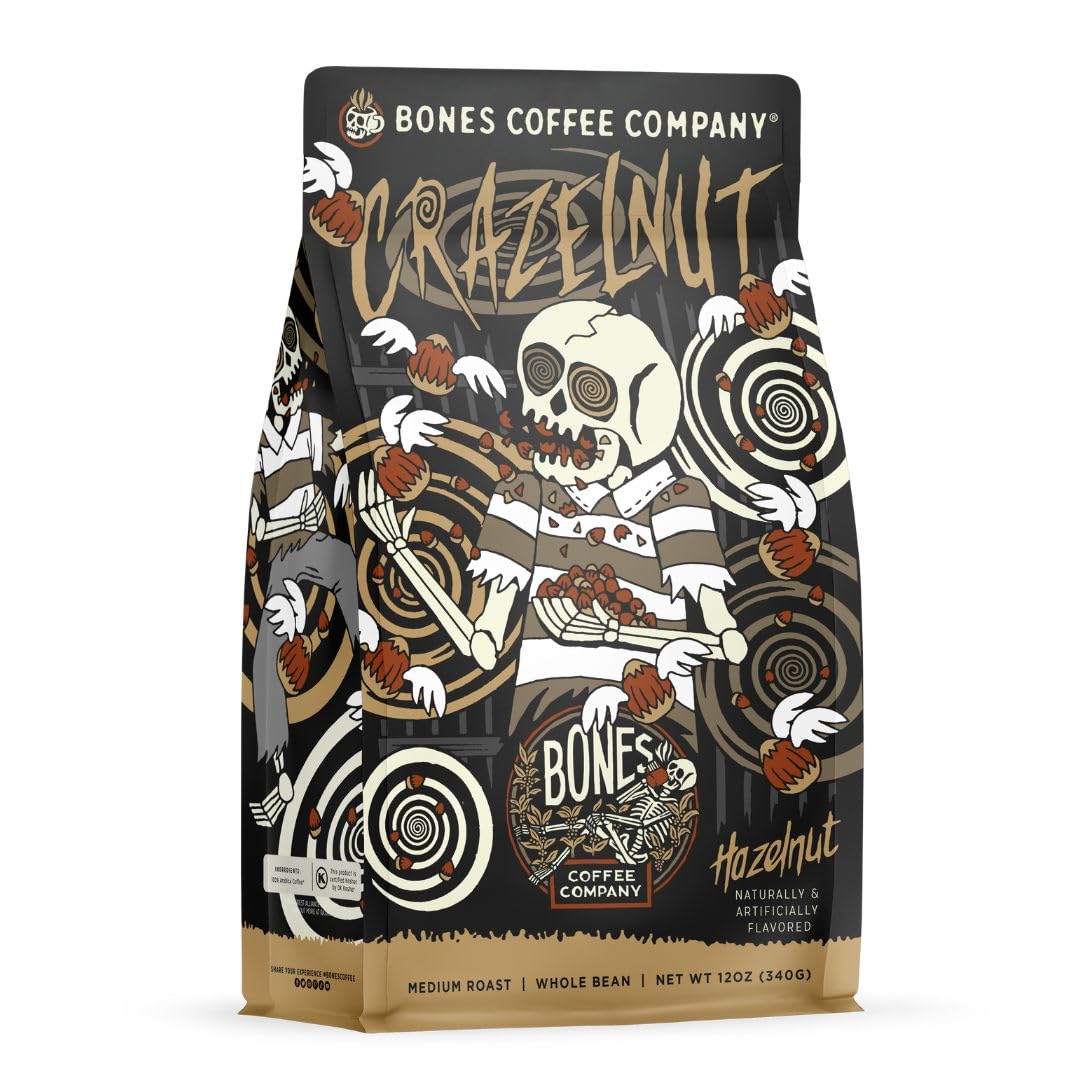 Bones Coffee Company Crazelnut front packaging showing branding and flavor benefits