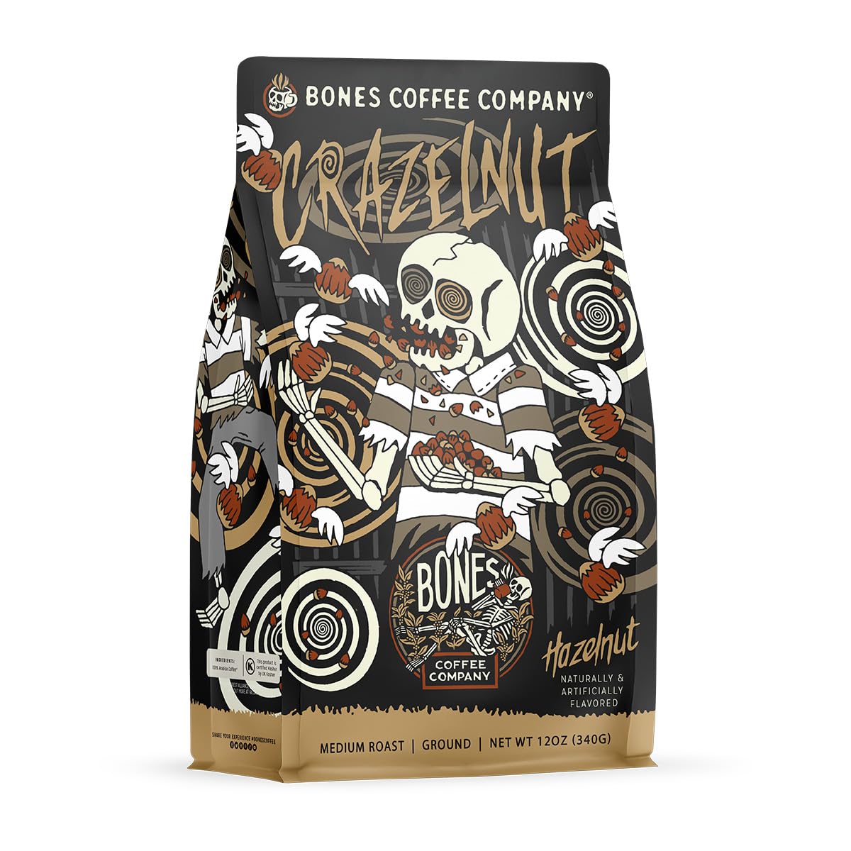 Bones Coffee Company front packaging showing 12 oz bag and brand benefit