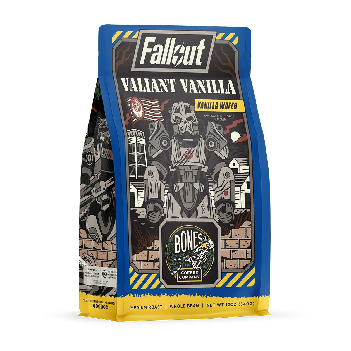 Bones Coffee Company front packaging showing branded vanilla flavored coffee benefit freshness