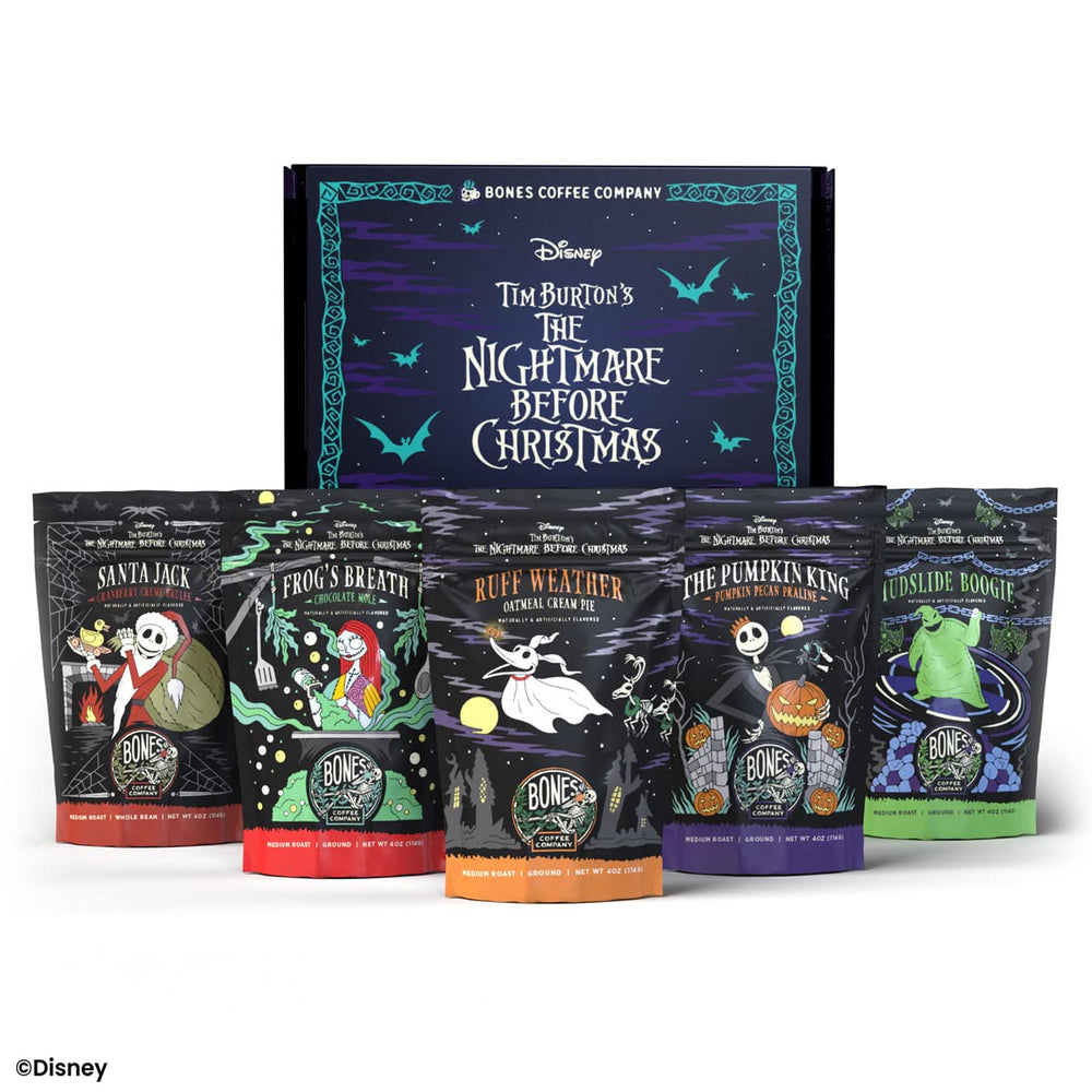 Bones Coffee Company five 4 oz resealable bags arranged to show variety and convenient sampler benefits