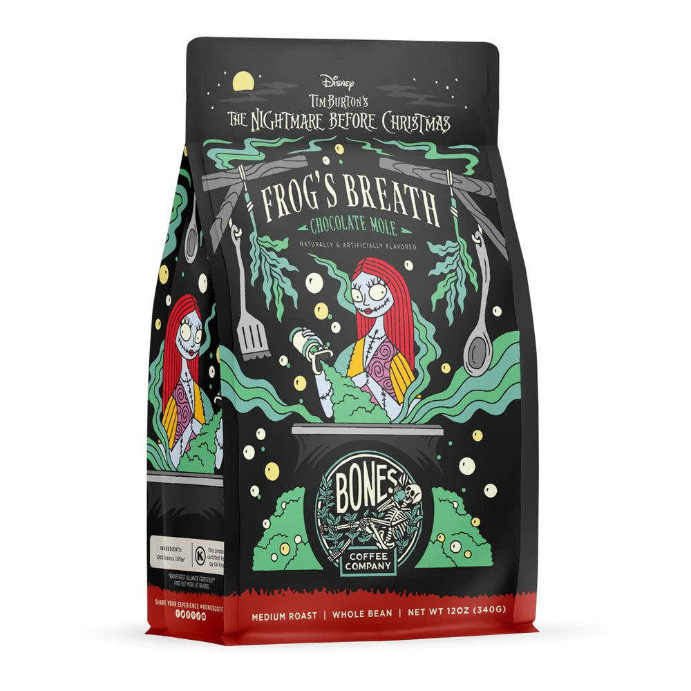 Bones Coffee Company front packaging showing Frog's Breath bag and brand