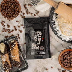 Bones Coffee Company Holy Cannoli bag closeup label displays pastry aroma