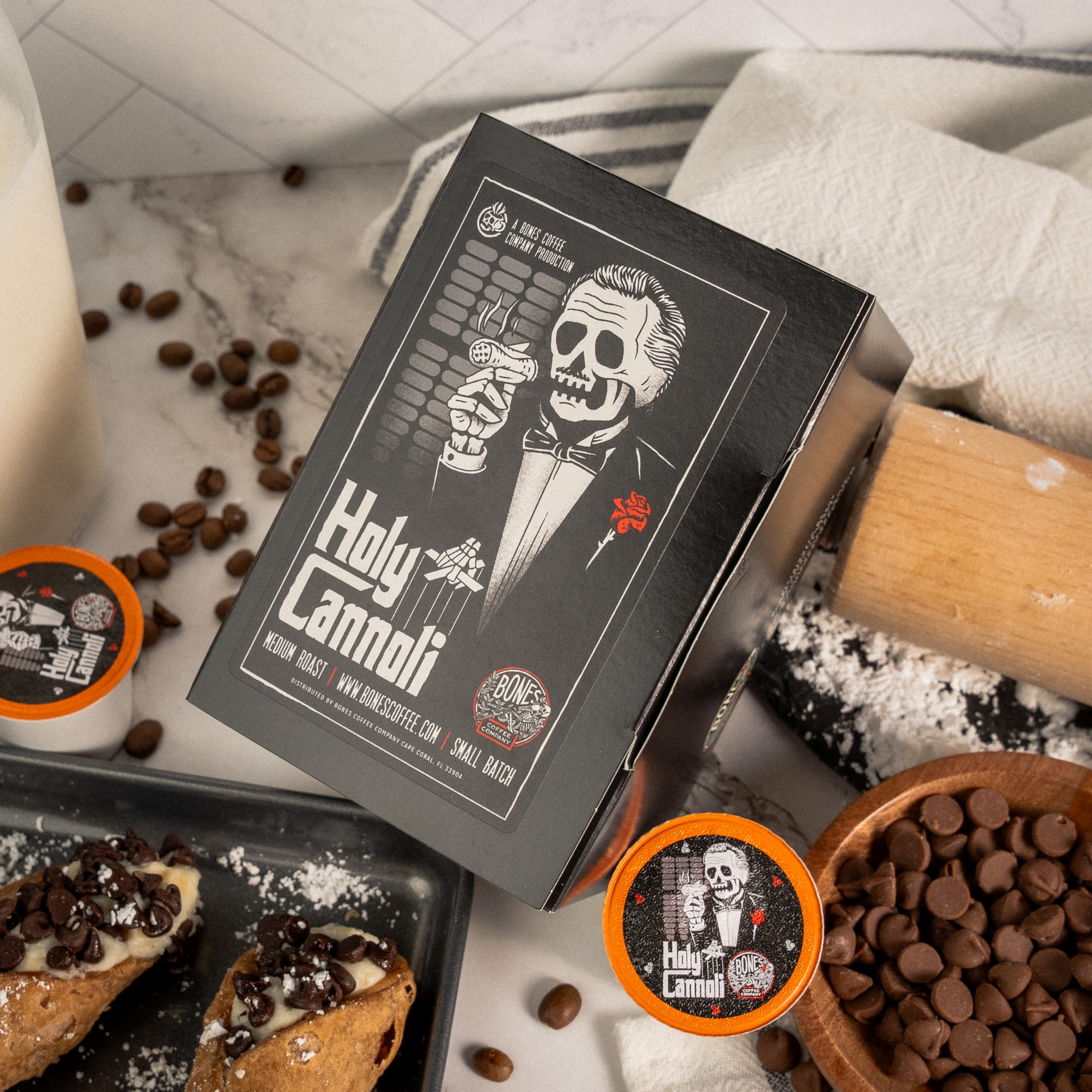 Brewed Bones Coffee Holy Cannoli cup showcasing creamy dessert-like aroma