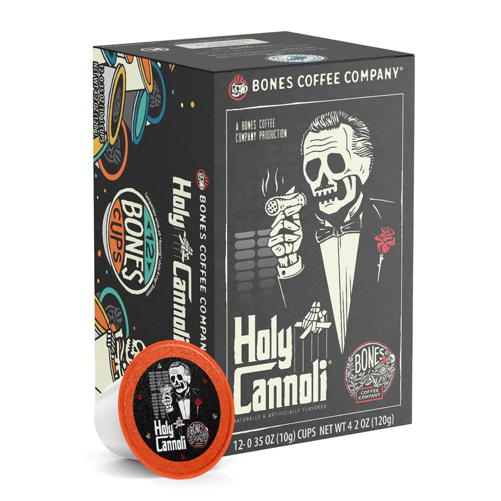 Bones Coffee front packaging showing Holy Cannoli flavor and 12-count convenience