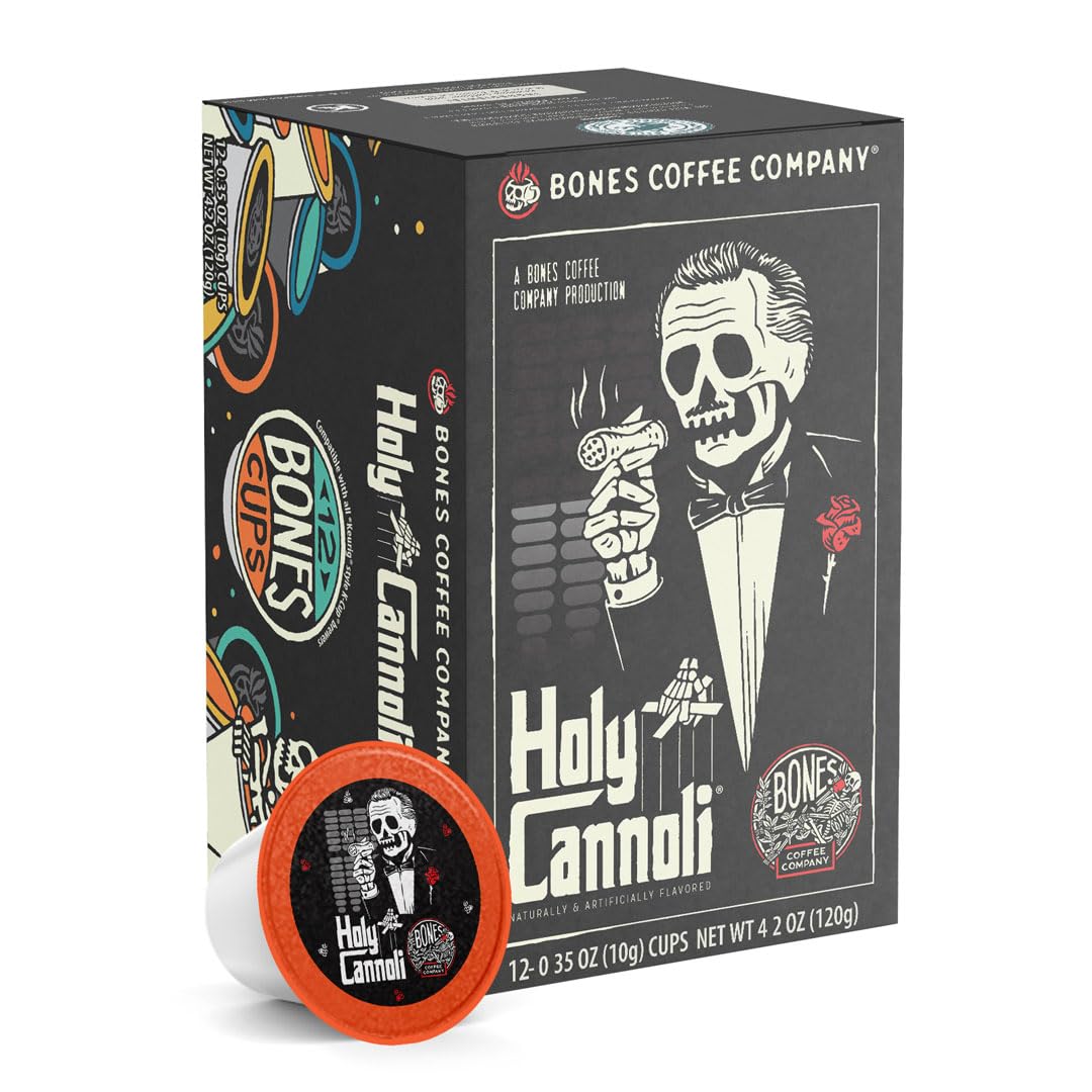 Bones Coffee front packaging showing Holy Cannoli flavor and 12-count convenience
