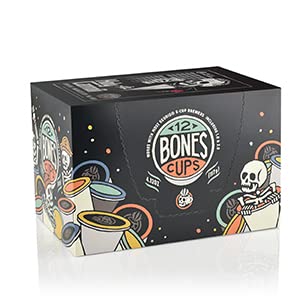 Bones Coffee pod top label with clear branding and easy Keurig compatibility