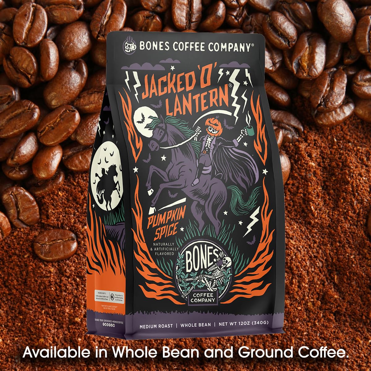 Bones Coffee whole beans on spoon highlighting quality Arabica beans and smooth flavor benefit