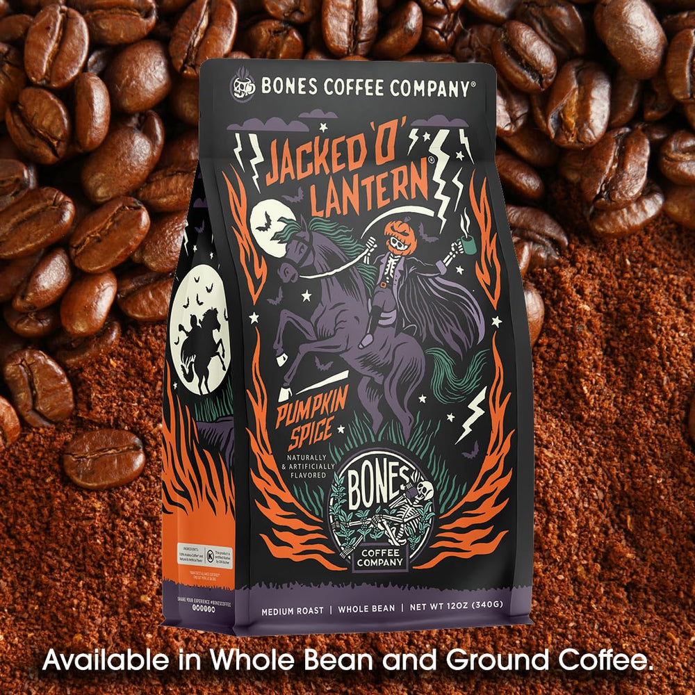 Bones Coffee whole beans on spoon highlighting quality Arabica beans and smooth flavor benefit