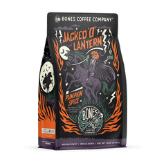 Bones Coffee jar-style bag front packaging showing logo and pumpkin spice branding benefit aroma