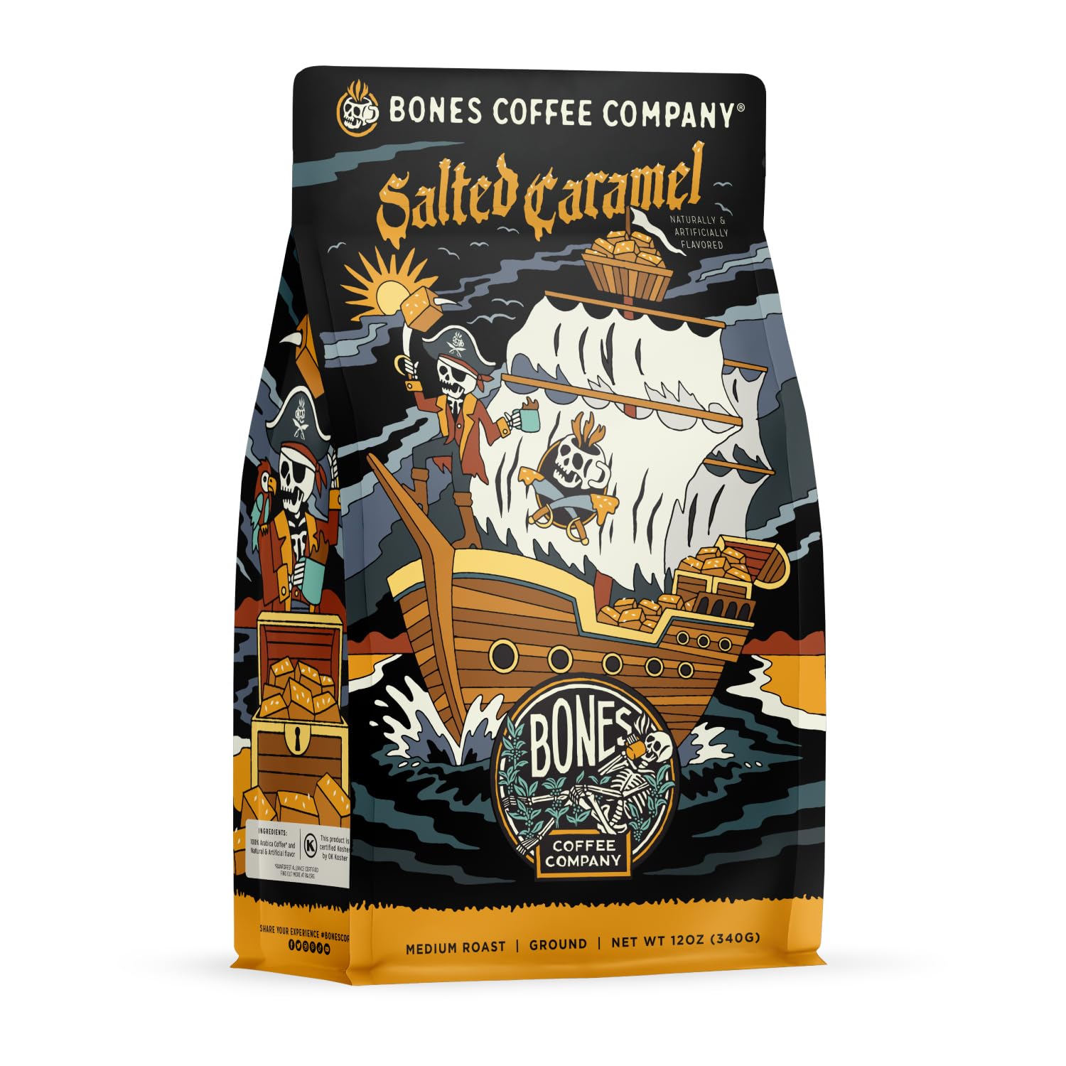 Bones Coffee Company front packaging showing salted caramel flavor and benefits