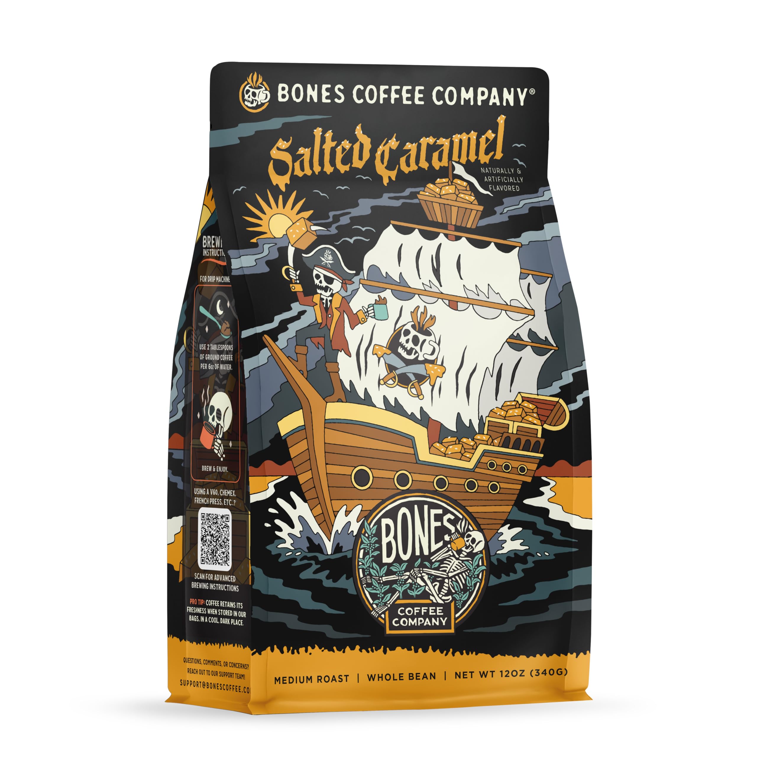 Bones Coffee Company front packaging showing salted caramel flavor and resealable bag benefit