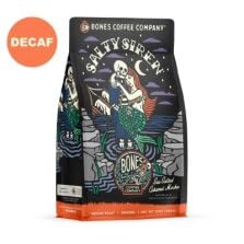 Close-up label on Bones Coffee Salty Siren bag highlighting sea salted caramel chocolate aroma