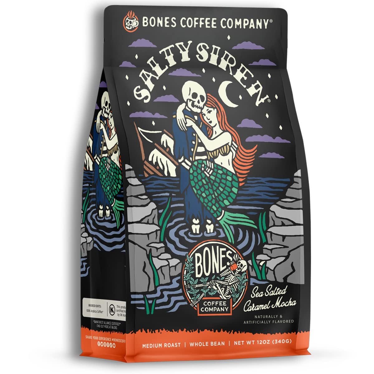 Bones Coffee Company front packaging showing 12 oz resealable bag and flavor