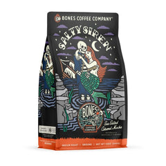 Bones Coffee Company front packaging of Salty Siren showing resealable 12 oz bag and flavor benefits