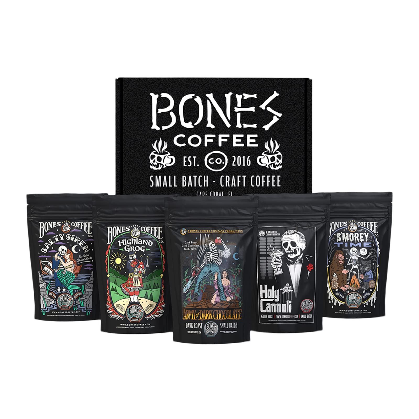Bones Coffee Company sample pack front packaging shows variety and convenience
