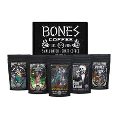 Bones Coffee Company sample pack front packaging shows variety and convenience