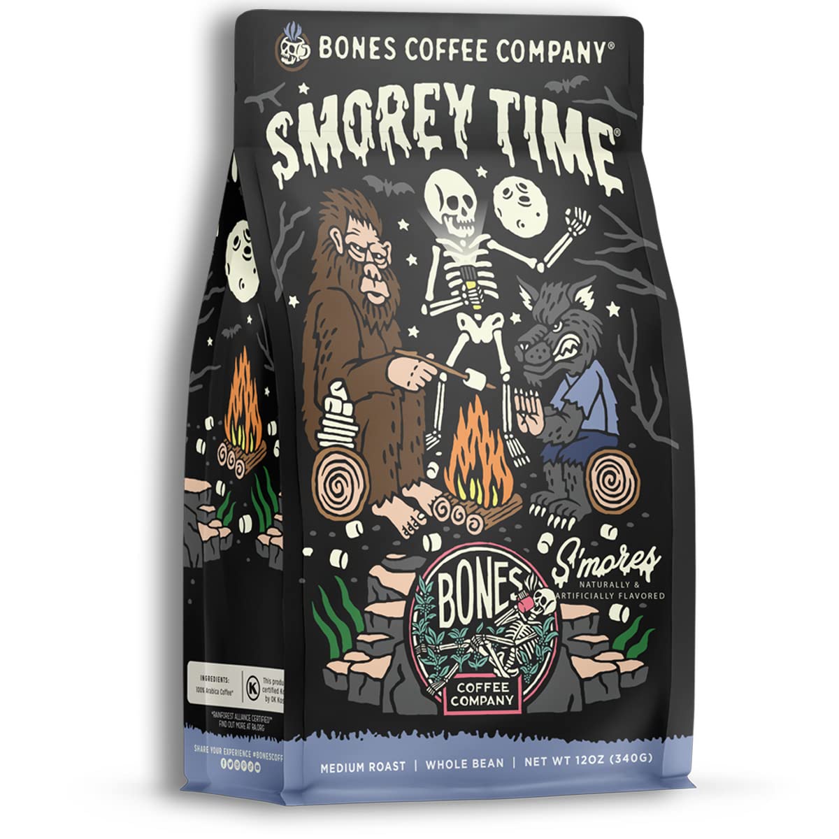 Bones Coffee Company front packaging showing s'mores flavored coffee and benefit freshness