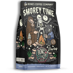 Bones Coffee Company front packaging showing s'mores flavored coffee and benefit freshness