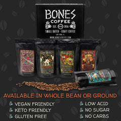 Bones Coffee Company Sumatra whole beans close up showcasing deep body and rich oils