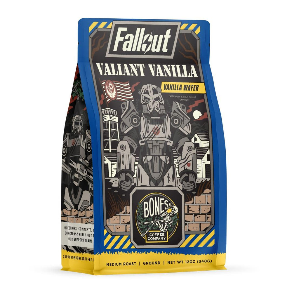 Bones Coffee Company front packaging showing Valiant Vanilla branding and benefit of collectible flavor