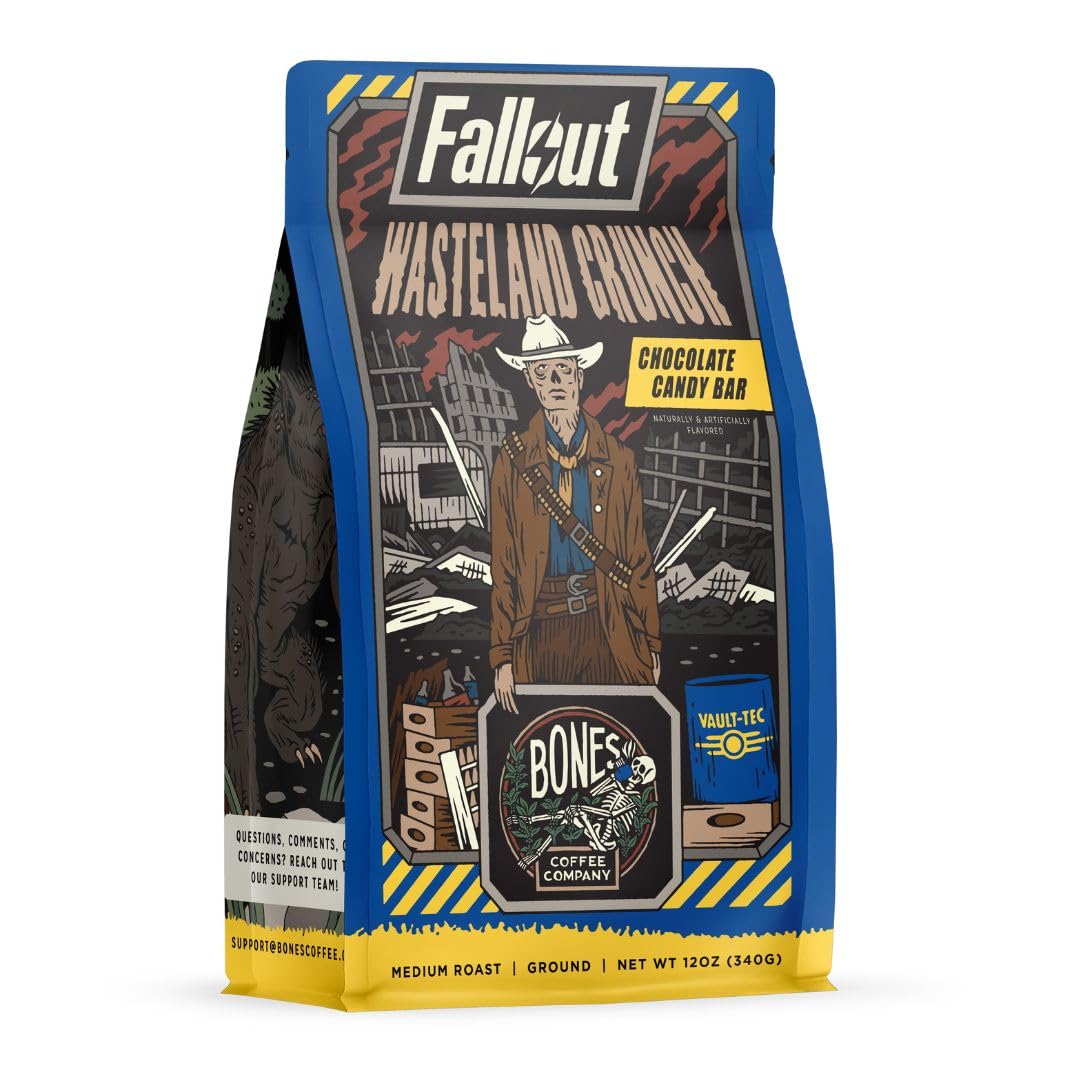 Bones Coffee Company front packaging showing 12 oz chocolate flavored coffee and benefit convenience