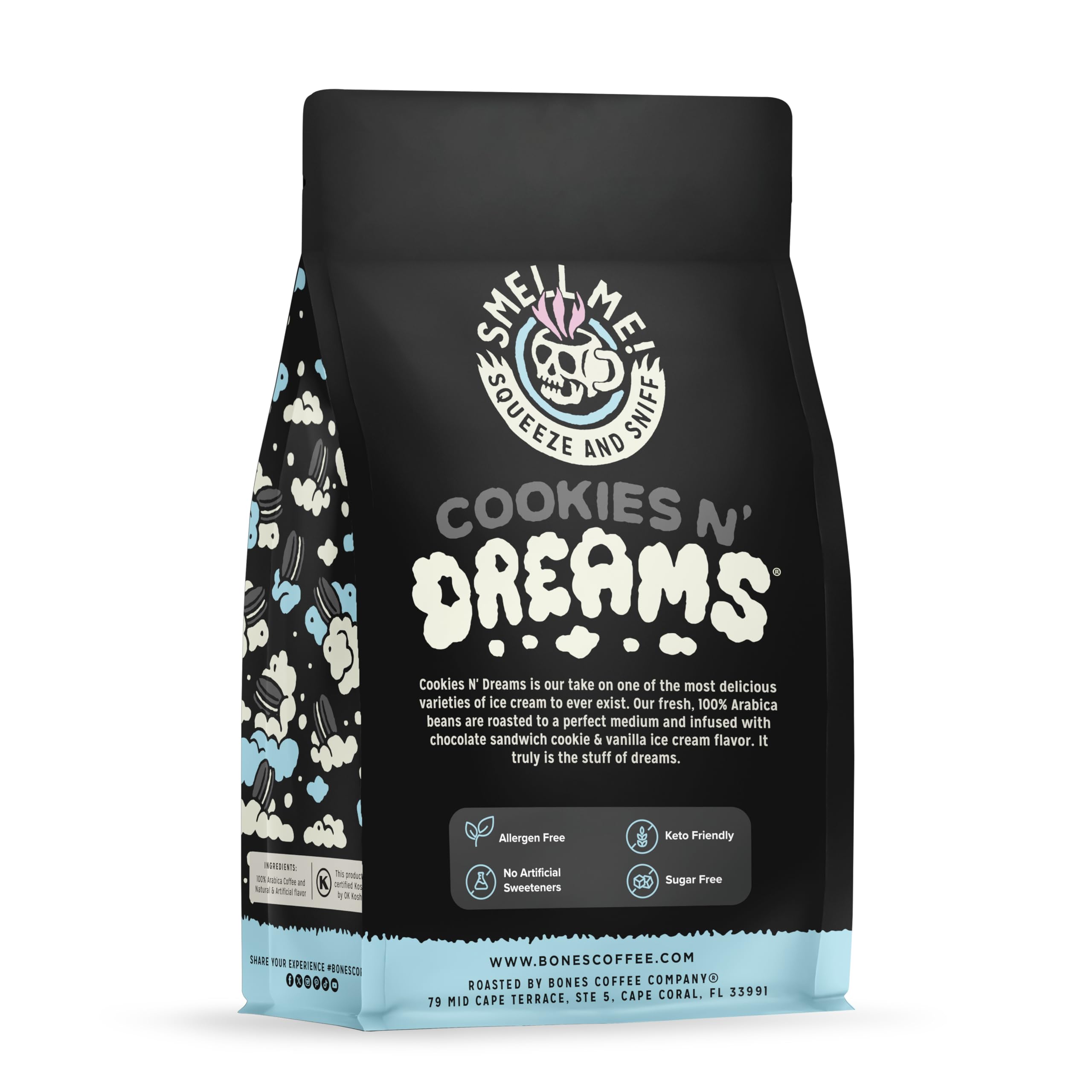 Close-up of Bones Coffee whole beans texture, highlights fresh roast aroma benefit