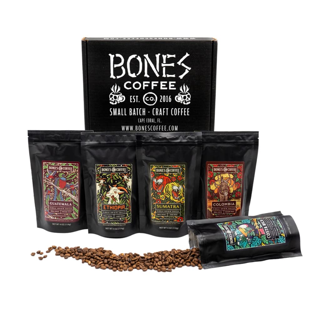 Bones Coffee Company front packaging of five 4oz sample bags showing variety and freshness