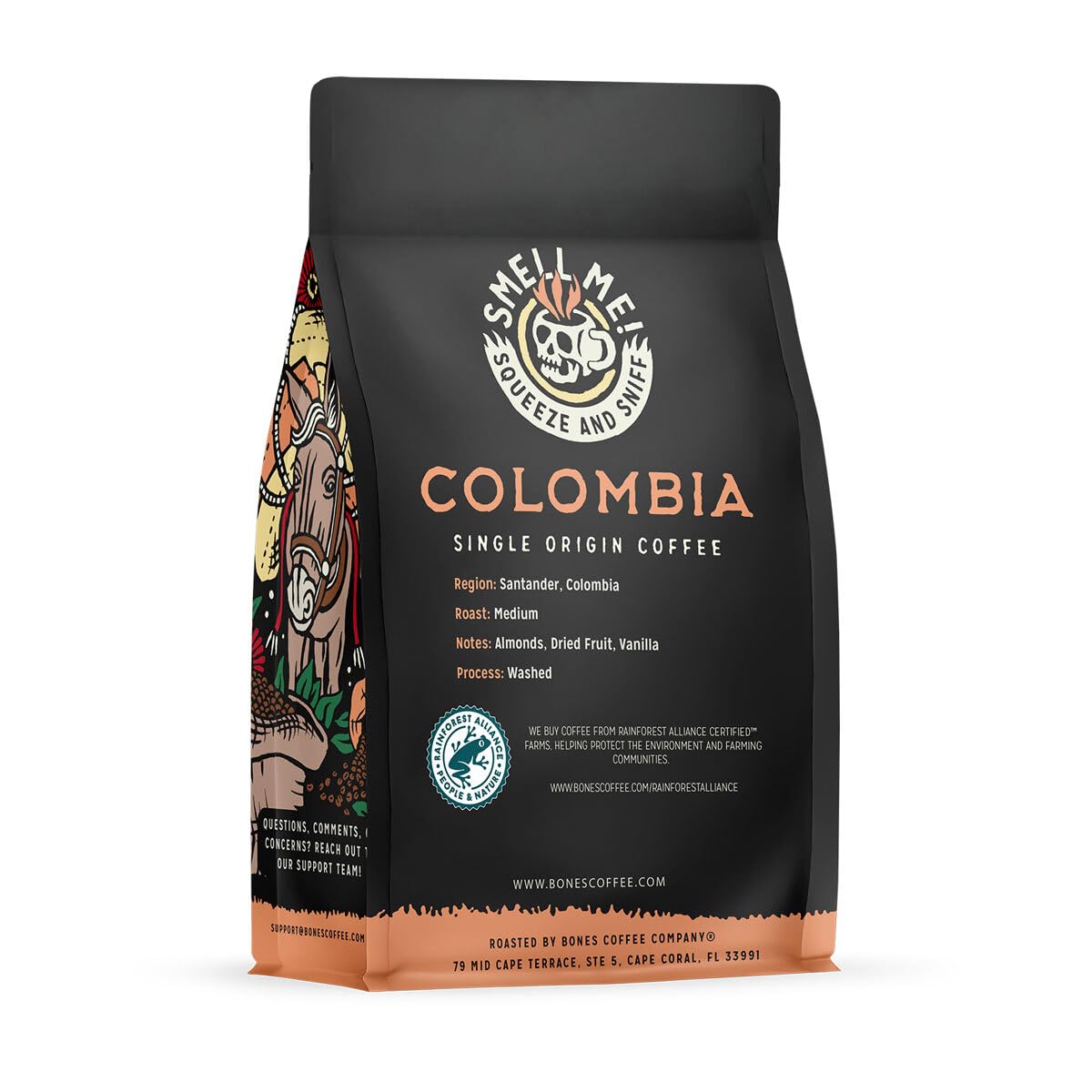Bones Coffee Company close-up of label highlighting single-origin Huila authenticity