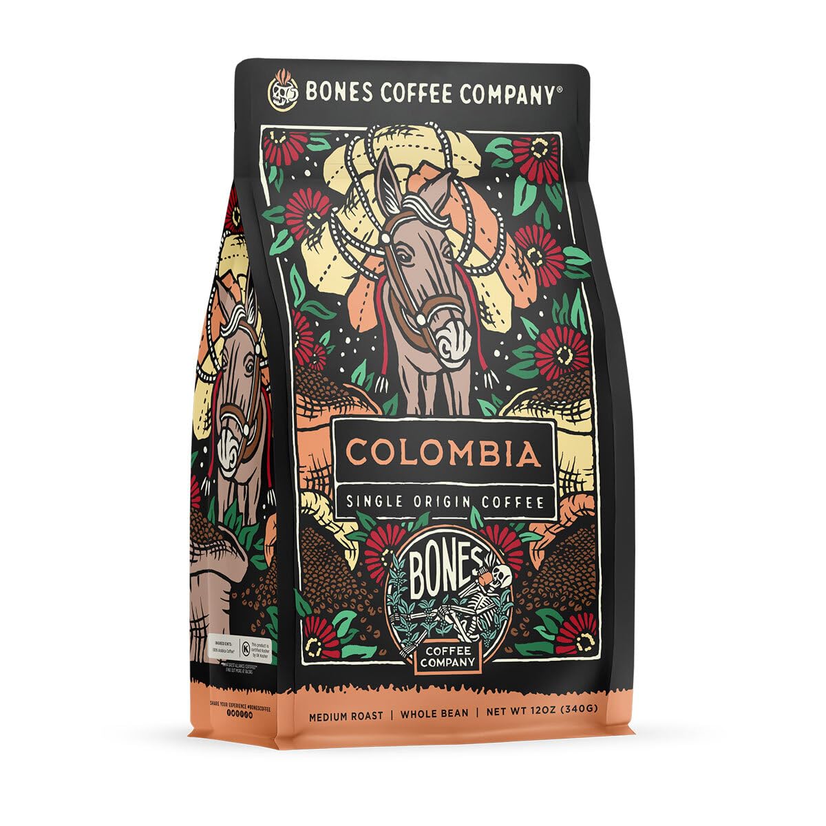 Bones Coffee Company front packaging showing 12 oz bag and origin clarity benefit