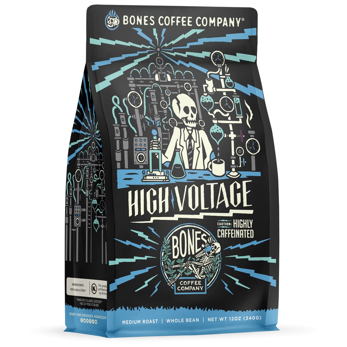 Bones Coffee Company front package view showing bold branding and resealable bag benefit