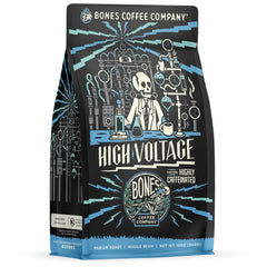 Bones Coffee Company front package view showing bold branding and resealable bag benefit