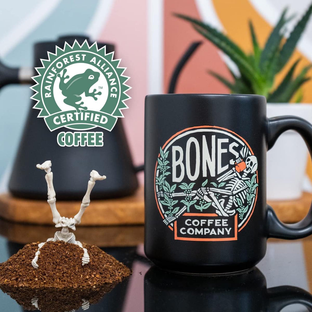 Bones Coffee Company served cup in lifestyle scene indicating enjoyable low-acid flavor