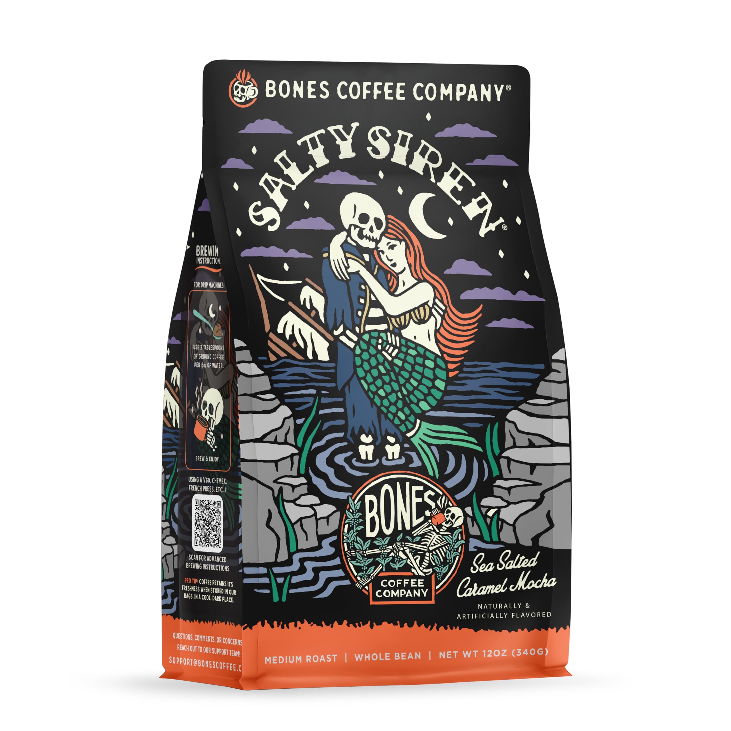 Bones Coffee front package showing Salty Siren bag and branding benefits