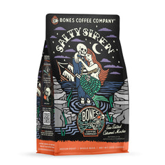Bones Coffee front package showing Salty Siren bag and branding benefits