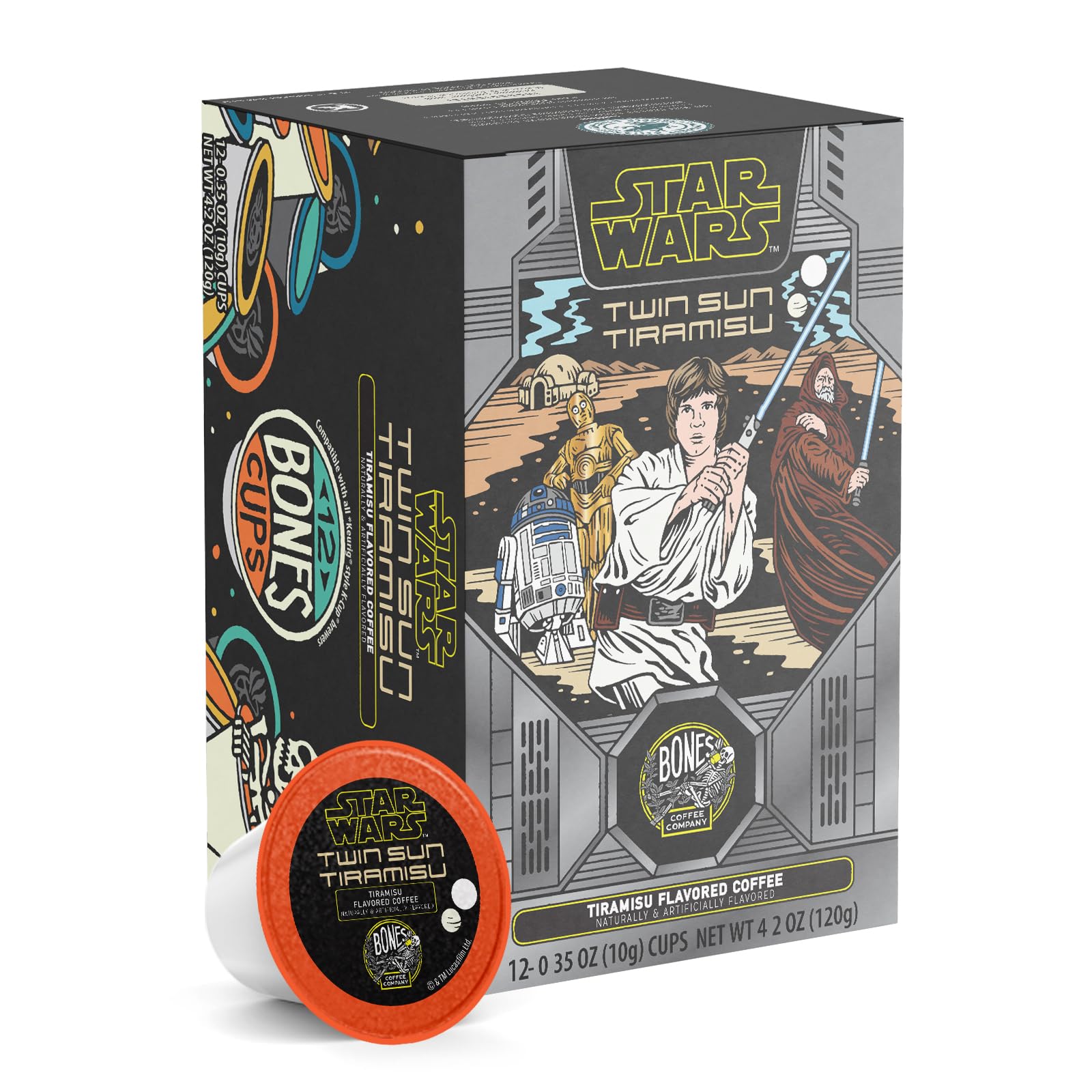 Bones Coffee Company front packaging showing Twin Sun Tiramisu pods and brand logo for collectible appeal