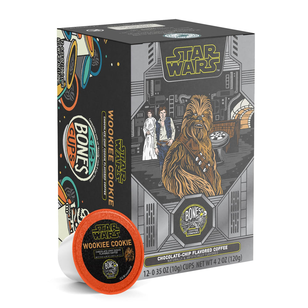 Bones Coffee Company front packaging of Wookiee Cookie pods showing branding and 12-count label, highlighting collectible design