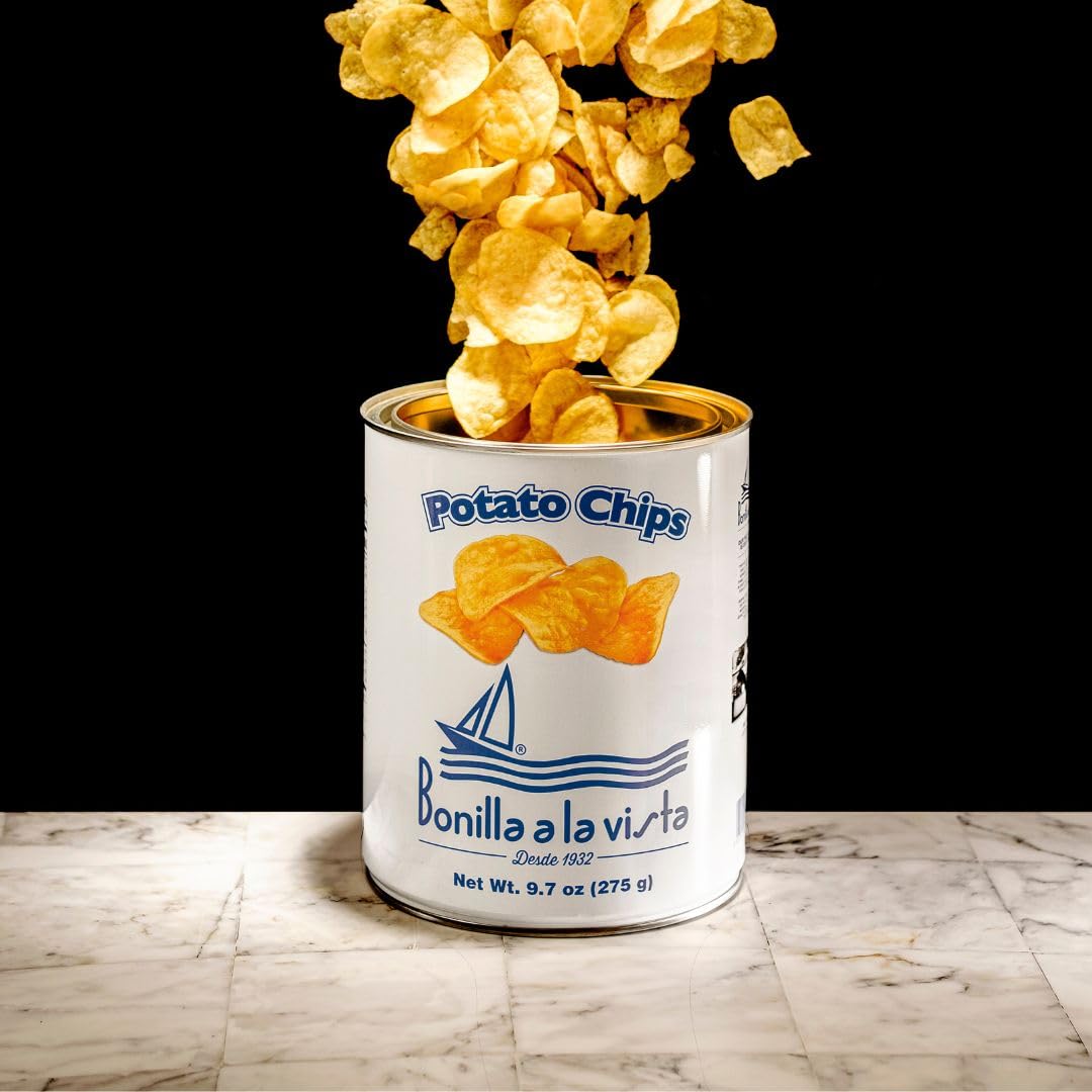 Bonilla a la Vista open tin filled with chips showing generous portion and resealability benefit