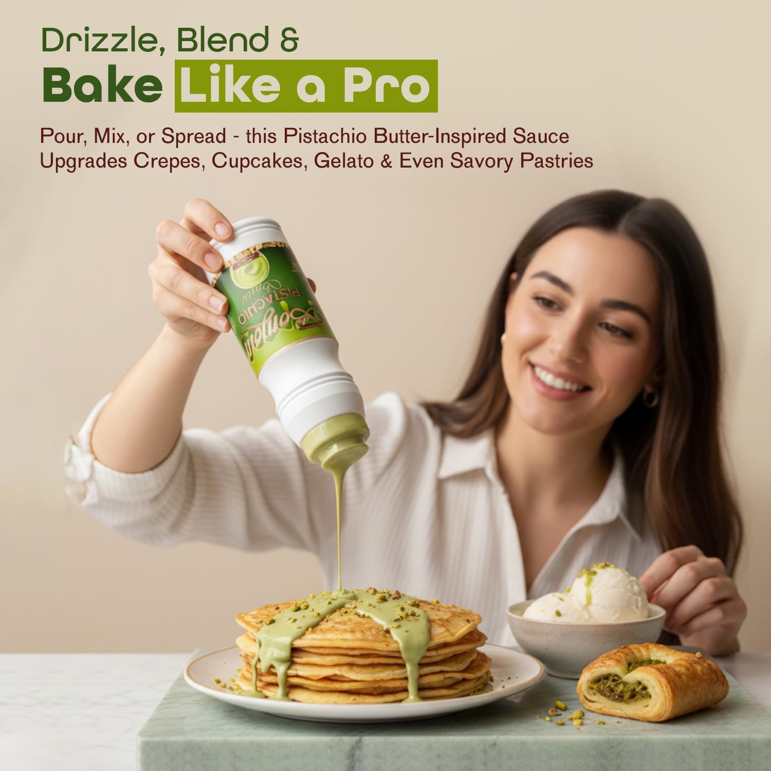 Bonjour plated café dessert styled with pistachio sauce for professional finishing touch