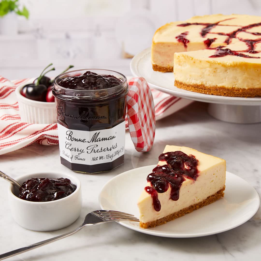 Bonne Maman cherry preserves on a spoon highlighting spreadable texture and richness