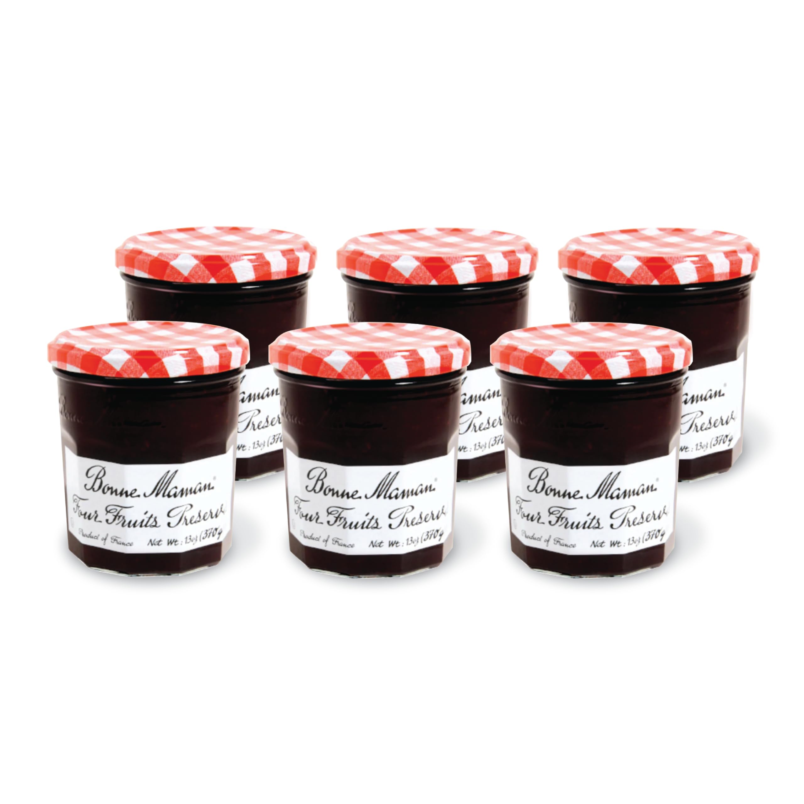 Bonne Maman front packaging showing six 13 oz jars and vibrant fruit benefit: clear pantry display