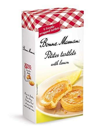 Bonne Maman front packaging showing wrapped lemon tarts and serving suggestion benefit