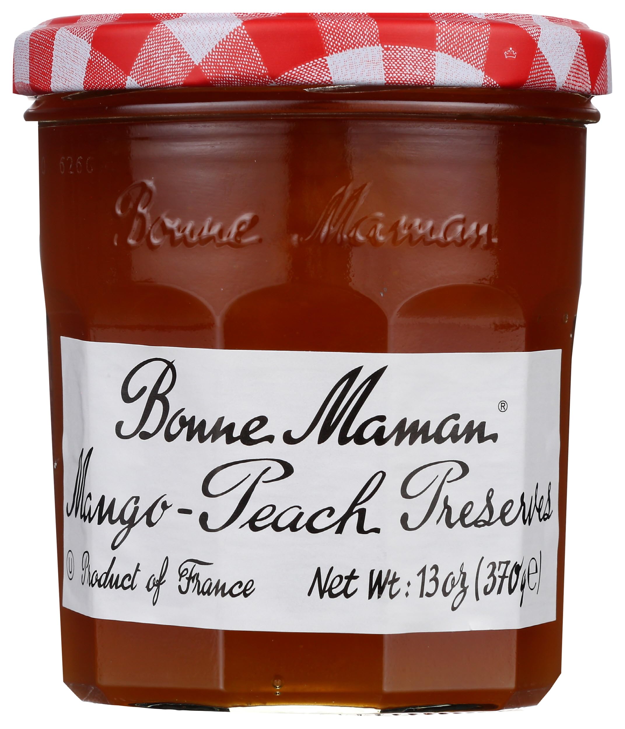 Bonne Maman jar front packaging showing mango peach preserves, bright fruit flavor