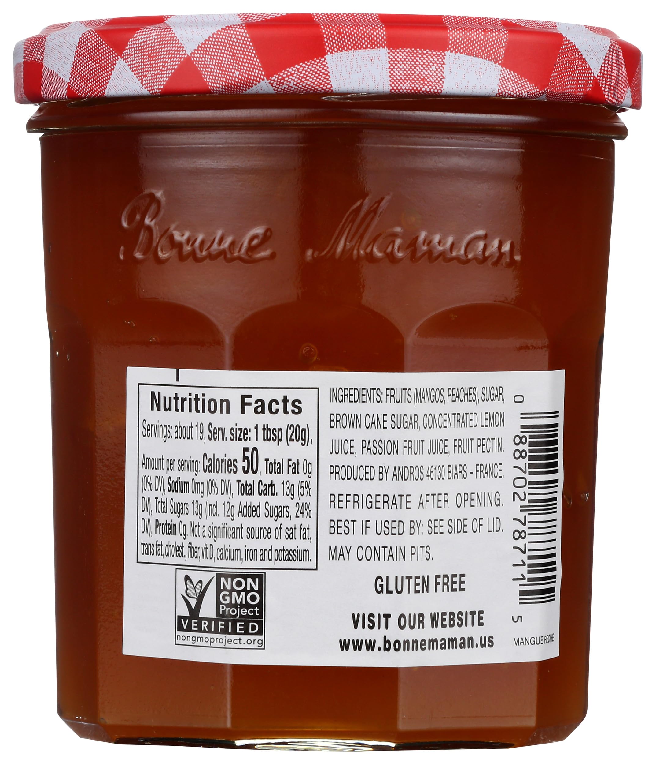 Bonne Maman jar open with spoonful of preserves, easy spreading for toast