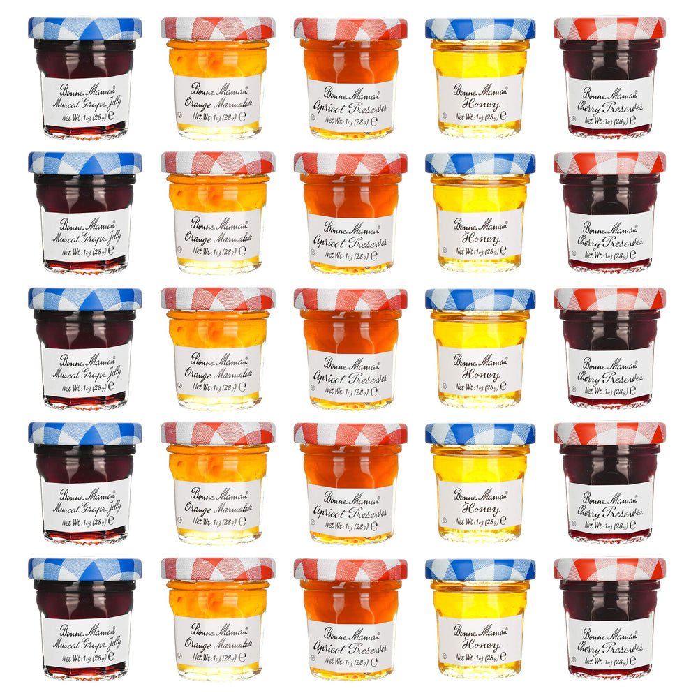 Bonne Maman front display of mini jam jars showing labels and gourmet appeal