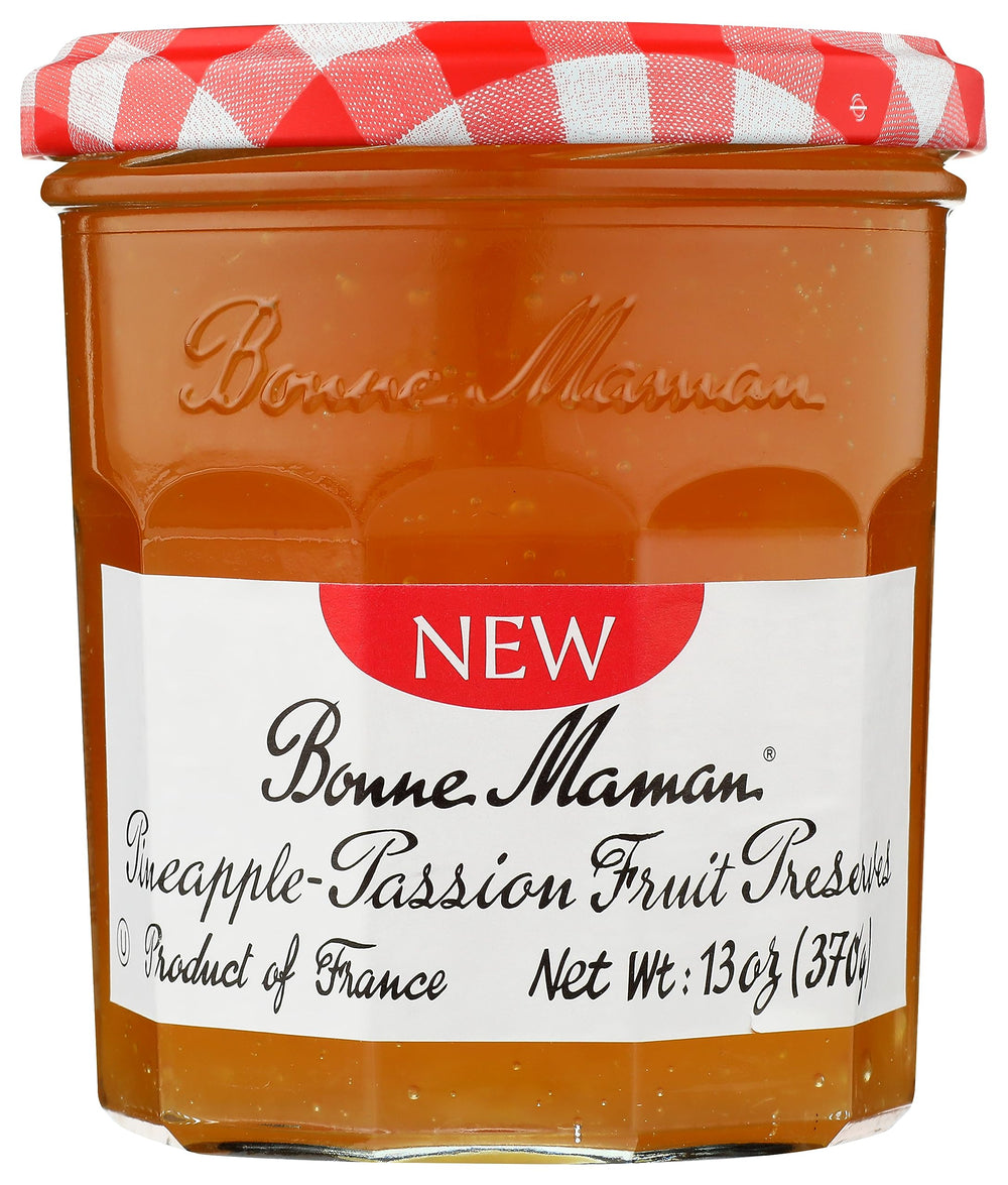 Bonne Maman pineapple-passion fruit jar label clearly visible, helps identify flavor