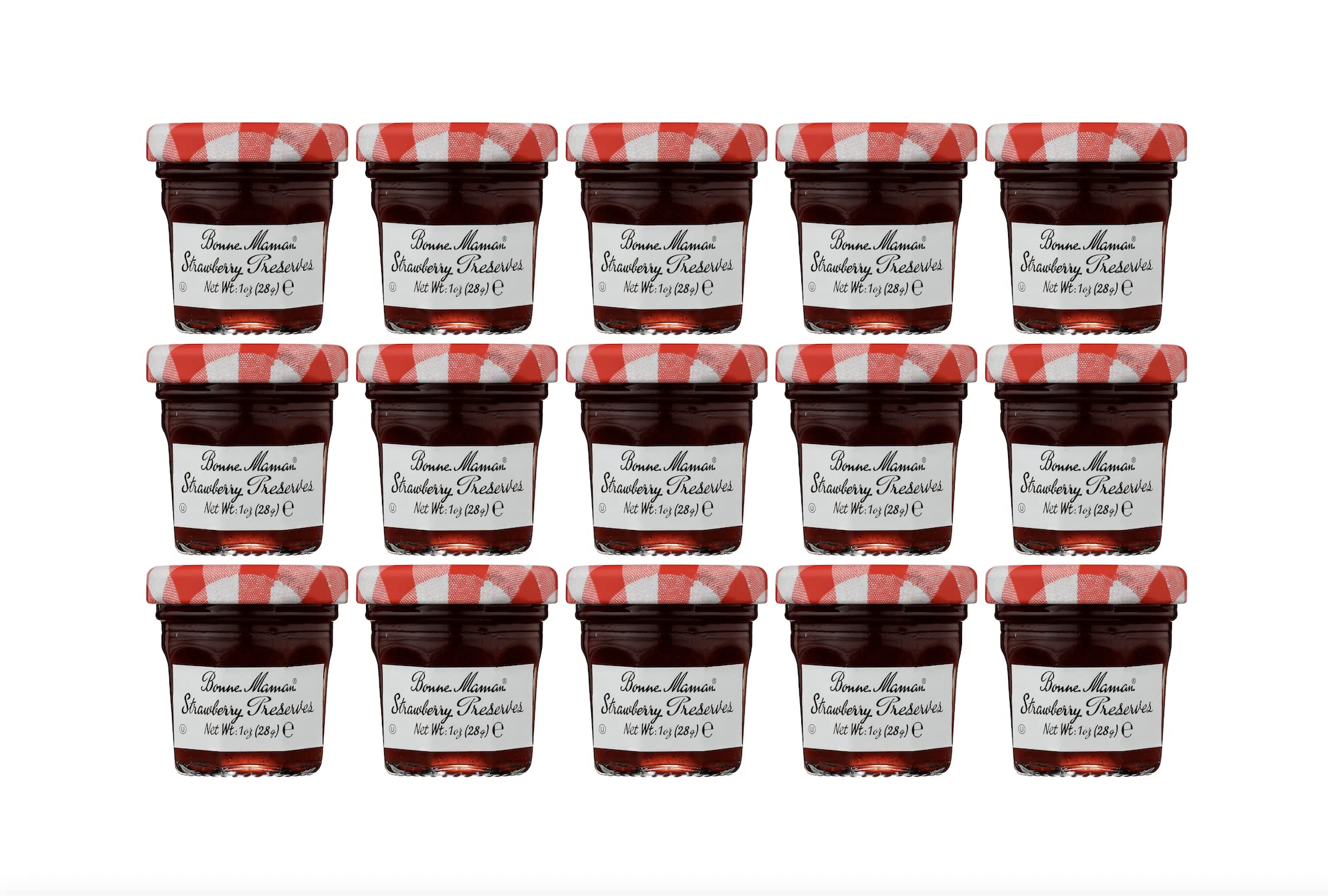 Bonne Maman front view of 1 oz jar pack with clear label and premium look, convenient portioning