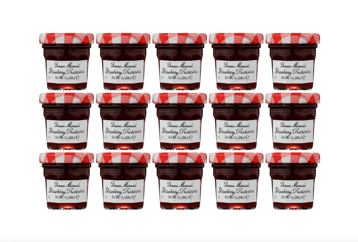 Bonne Maman front view of 1 oz jar pack with clear label and premium look, convenient portioning