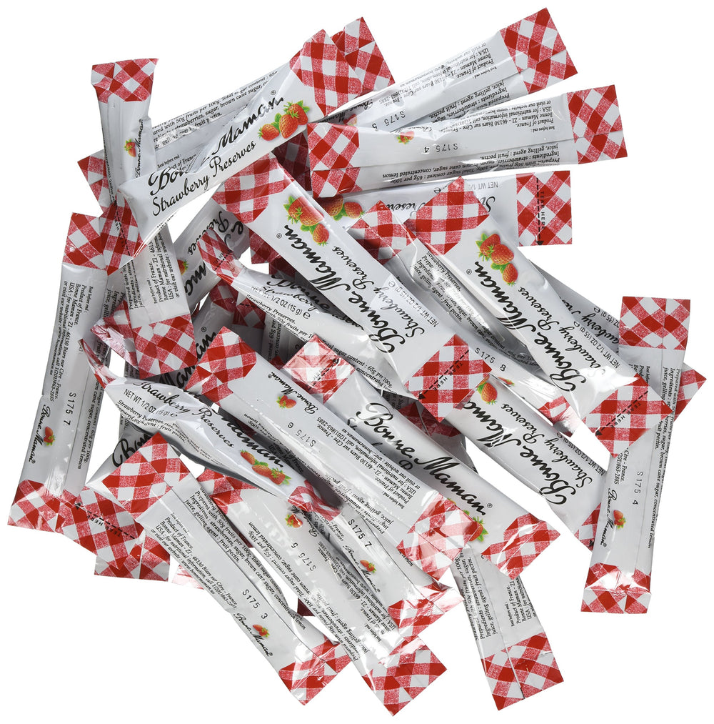 Bonne Maman packet front view showing single-serve pouch and brand benefit