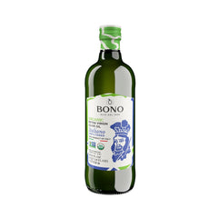 Bono bottle front packaging showing organic Italian EVOO and volume benefit